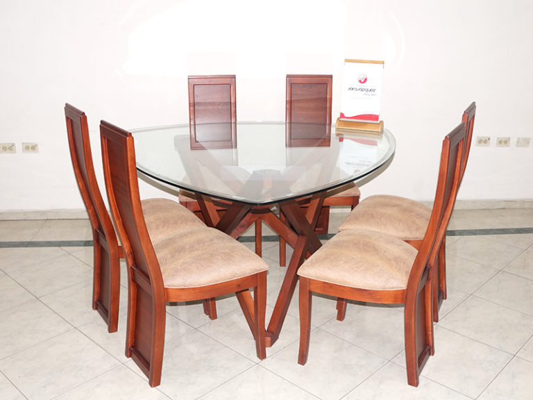 JUEGO DE COMEDOR TRIANGULAR VIDRIO 6 SILLAS CAFÉ | Muebles Vera Vázquez